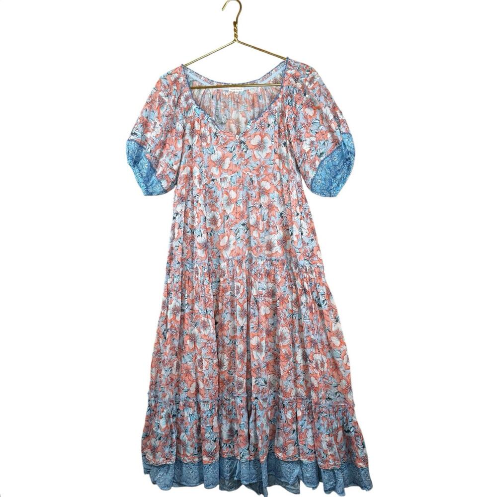 Poupette St Barth Floral Boho Midi Dress Blue Orange Print Size XS Romantic - Picture 13 of 14